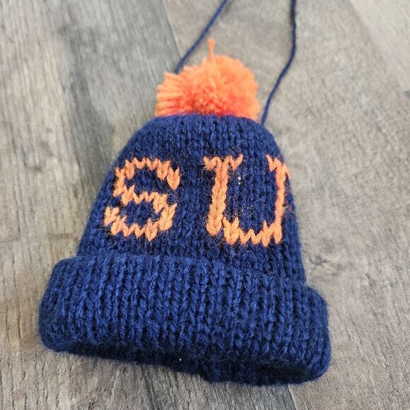 Hand-knitted Syracuse University Beanie CHRISTMAS ornament Blue & Orange. EUC - Picture 1 of 6
